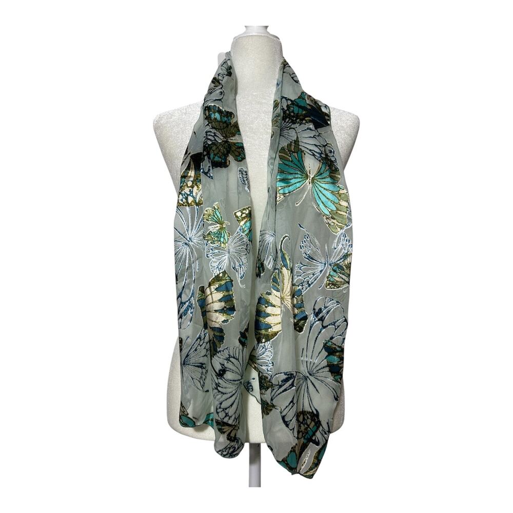 Dana Herbert Silk Sheer Butterfly Print Scarf 59 x 12 Aqua Green Blue Retro